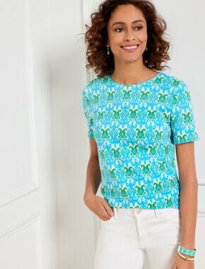 Talbots Ikat Blue‎ & Cream Medallion Crewneck Cotton T Shirt Size M
